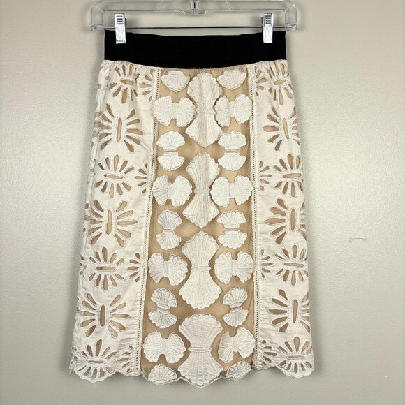 KAS New York Anthropology Pencil Skirt Womens XS-P Cream Floral Seashell Overlay